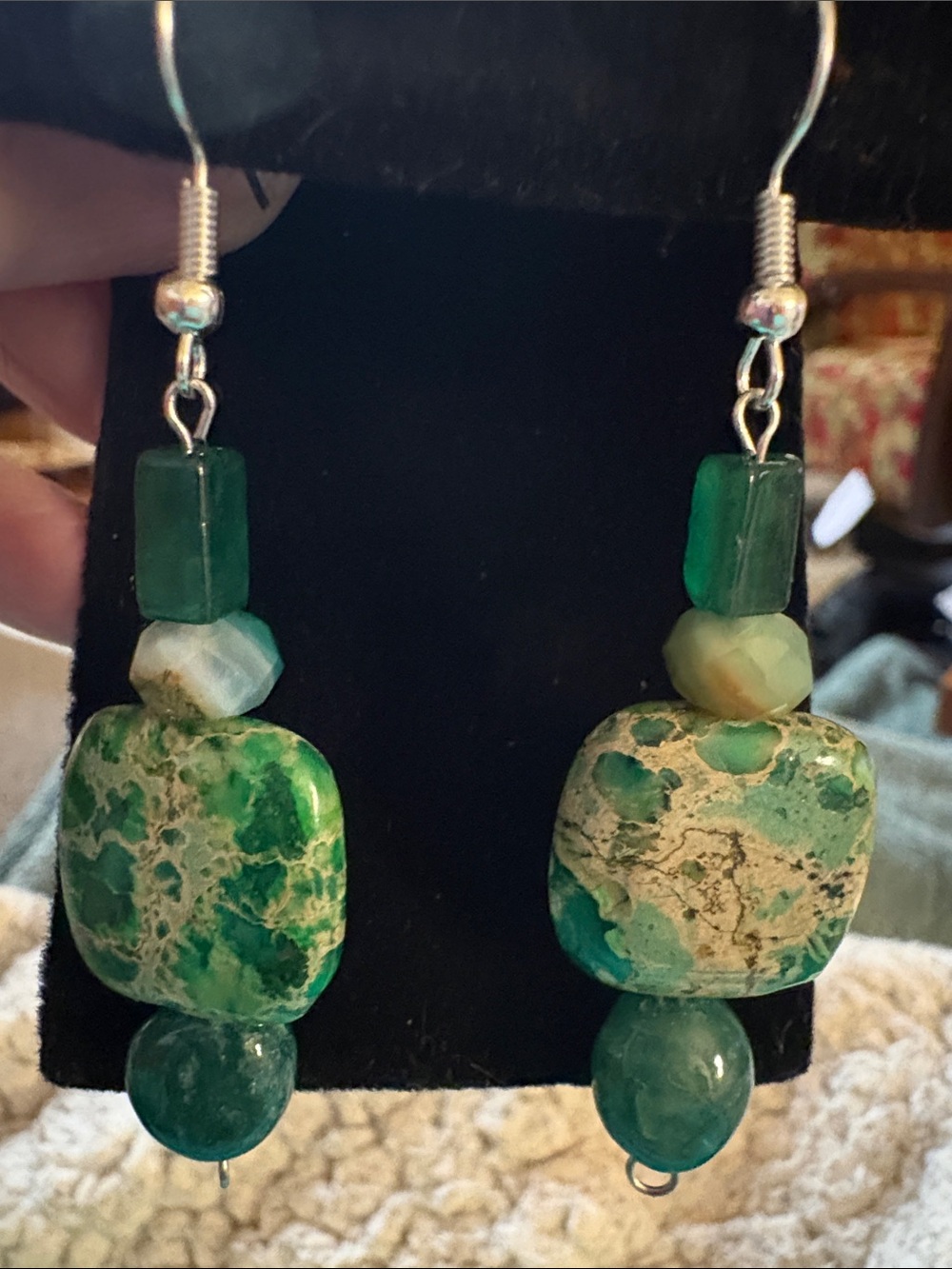 Hand Crafted Chrysoprase and Jade Stone Dangle Earrings